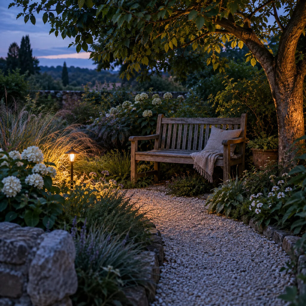 Eine Gartenbank mit Kissen und Decke im warmen Abendlicht.